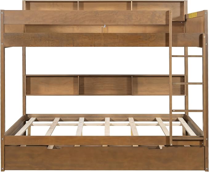 Harper & Bright Designs Rustic Wood Bunk Bed with Pull-Out Trundle, Full Over Full Wooden Bunk Bed with Large Cabinet Beside Upper and Down Bed, Wood