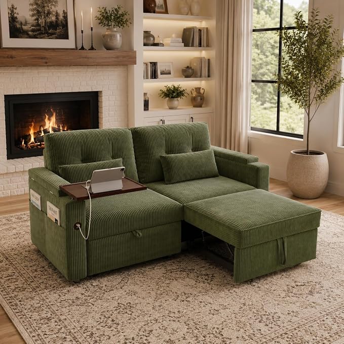 73" Queen Size Sofa Bed, Loveseat Sleeper Sofa with Pull Out Bed, 360° Swivel Table and USB, Modern 2 Seater Convertible Corduroy Couch for Living Room Bedroom Apartment, Green