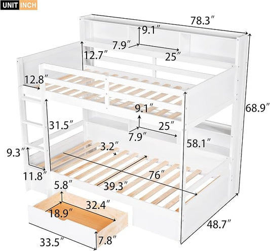 RUNNA Twin Bunk Bed with Storage Drawer, Shelves,Ladder, White | Twin bunk bed with storage drawer, shelves, ladder, guardrails, solid wood, no box spring needed, white, kids teens