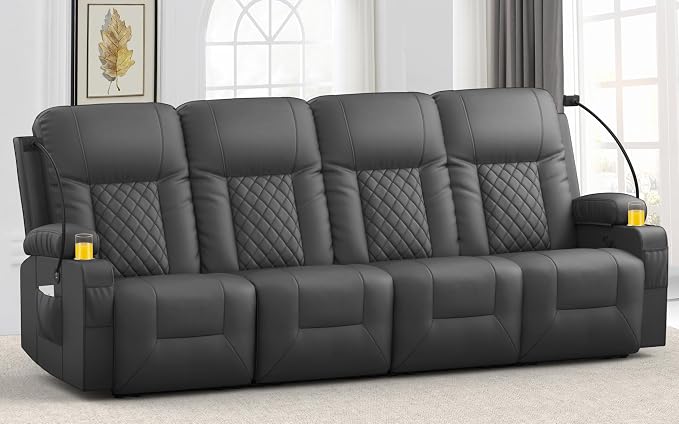 4 Seater Recliner Sofa, Home Theater Seating with Storage & Pocket, 4 Seat Reclining Couch with USB Ports & Phone Holders, Wall Hugger RV Sofa Furniture Loveseat Recliner Couch