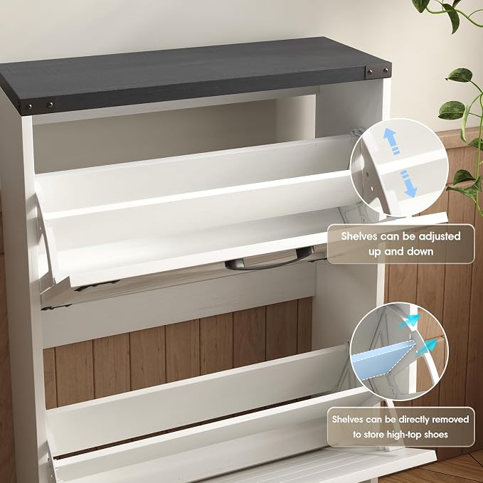 Maupvit 24" W Farmhouse Shoe Cabinet Storage for Entryway, Freestanding Organizer with 2 Flip Drawers, Narrow Shoe Rack Cabinet with Metal Corner Decoration, White