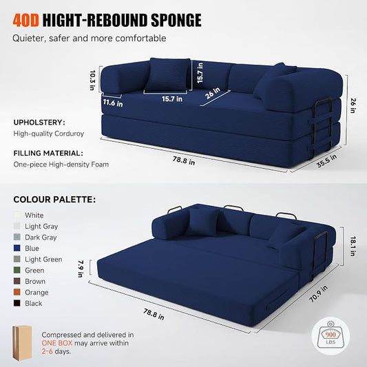 79" Convertible Sleeper Sofa Bed, Corduroy Boneless Fold-Out Couch in a Box, 4-in-1 Loveseat/Futon Couch, High-Density Foam, No Assembly, Side Pockets, 2 Pillows for Small Spaces, Blue