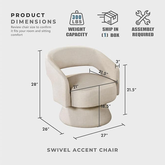 Lexicon 360 Degree Swivel Accent Chair, Modern Comfy Velvet Round Barrel Chair, Open Back, Plush Foam Cushions, Metal Swivel Base for Living Room/Bedroom/Office/Small Spaces, Taupe