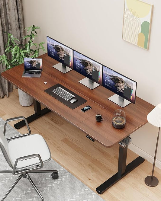 63" Electric Standing Desk Adjustable Height, Sit Stand up Desk for Home Office & Computer Workstation, 2 Memory Height Settings, Splice Board, 2 Hooks, Black Frame/Walnut Top