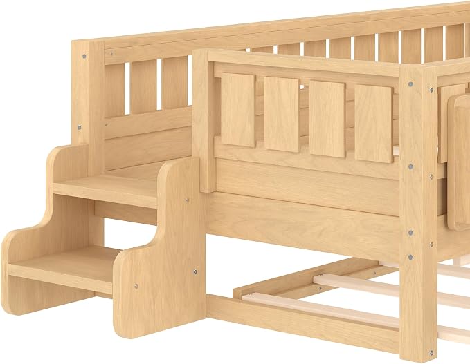 Bellemave Twin Size Kids Bed with high Rails and with Built-in Bookshelf and Trundle for Kids, Girls, Boys, Wood Montessori Bed Without Door, Light Natural