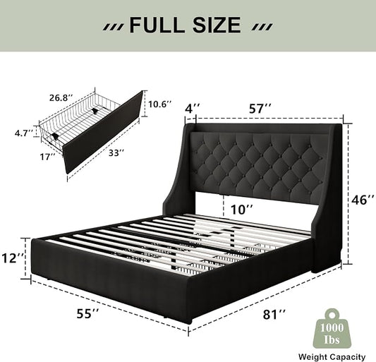 Feonase Upholstered Full Size Bed Frame with 4 Storage Drawers, Large Wingback Storage Headboard, No Box Spring Needed, Black
