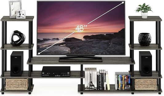 Furinno TURN-N-TUBE TV Stand, Wide Open Frame Entertainment Center with Open Shelves Storage, TV Console with Tall Side Shelves for TV up to 48 Inch, for Living Room, Bedroom, French Oak