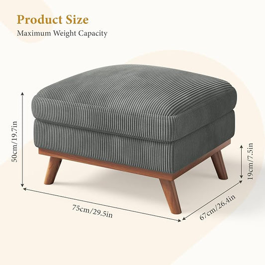 Vesgantti Large Ottoman for Modular Sofa, 29.5" Corduroy Ottoman with Spring Cushion, Rectangle Foot Rest for Couch, Entrance Footstool with Wood Legs, Footstool for Living Room, Bedroom, Dark Gray