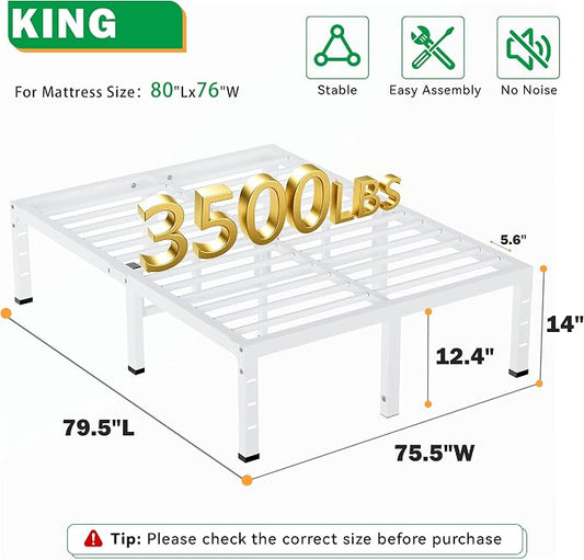 14 Inch King Size Bed Frames, Heavy Duty Metal King Platform 3500 lbs Capacity, No Box Spring Needed, 6 Mattress Slide Stopper, Headboard Holes, Noise-Free, Easy Assembly, White