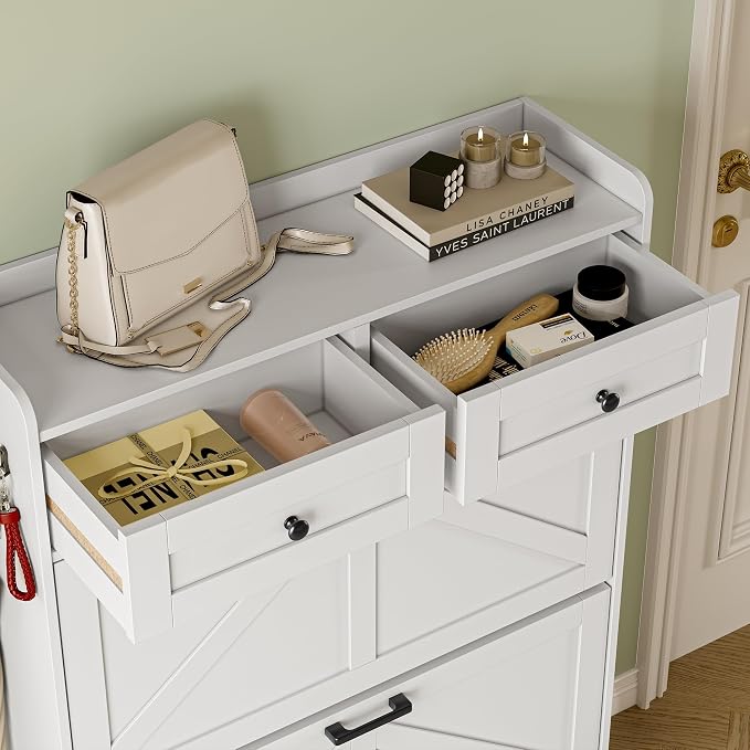 BORNOON Shoe Storage Cabinet for Entryway, Farmhouse Narrow Shoe Cabinet with 3 Flip Drawers & 2 Top Drawers, Adjustable Shelves & Hooks, Freestanding Hidden Rack Organizer for Hallway, Foyer