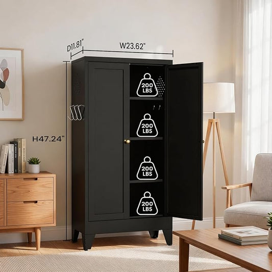 Metal Pantry Cabinet, 47" Kitchen Pantry Cabinet with 2 Doors and 3 Adjustable Shelves, Black Steel Storage Cupboard for Dining, Office, Living Room, Bathroom