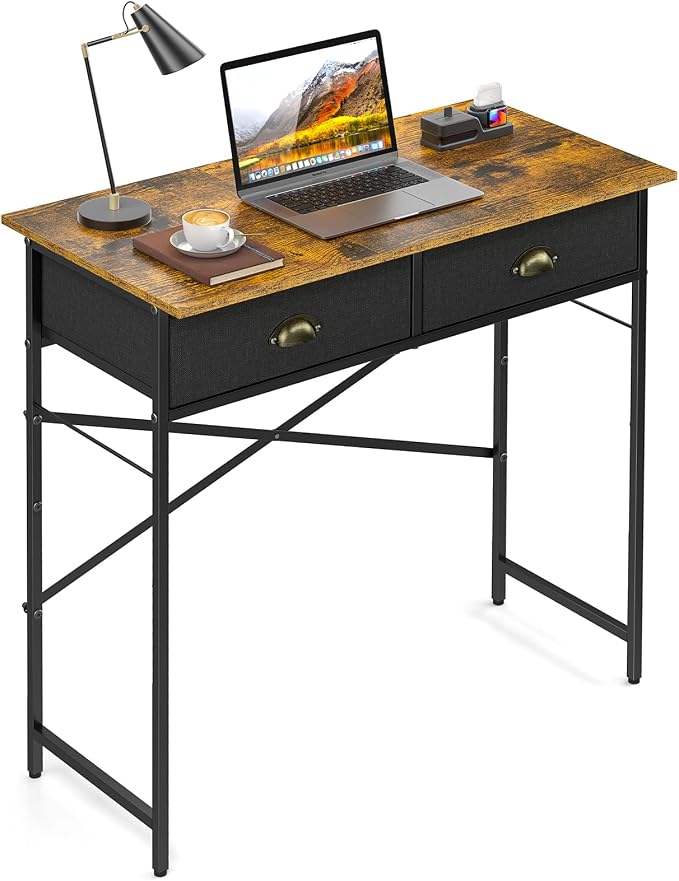DAOUTIME Small Writing Desk for Kids Bedroom, 31.5 Inch Computer Desk for Small Spaces, Simple Desk with 2 Fabric Drawers for Home Office, Dorm, Living Room, Home Study Table, Rustic Brown