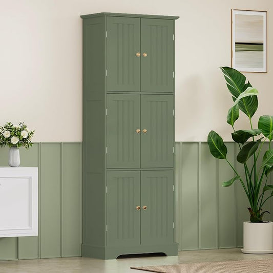 ChooChoo Tall Bathroom Storage Cabinet with 6 Doors, Freestanding Floor Cabinet with Adjustable Shelves, Green Pantry Cabinet for Bathroom, Kitchen, Laundry Room