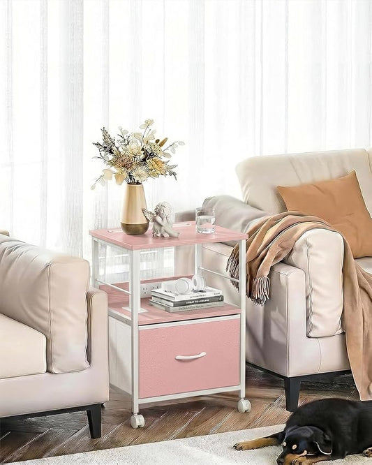 Faesun Swivel Lift Top Nightstand with Charging Station, Rolling Side Table for Recliner, Bedside Table with Wheels & a Fabric Drawer, for Small Spaces, for Bedroom, Living Room, Pink