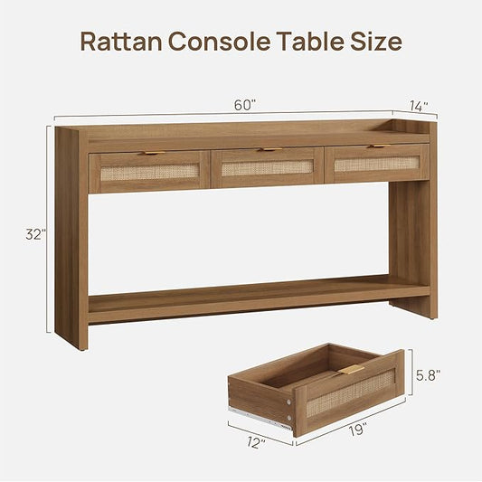 SICOTAS 60" Rattan Console Table for Entryway - Farmhouse Entry Table Sofa Table with 3 Drawers, Narrow TV Console Table with Storage for Living Room, Hallway, Couch, Foyer