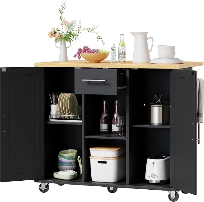 Shintenchi Kitchen Island with Storage, Bar Cart Cabinet Island Table on Wheels, Rolling Microwave Cart for Kitchen with Drop Leaf, Drawers, Towel Rack, Seating Area for Dining Room, Black