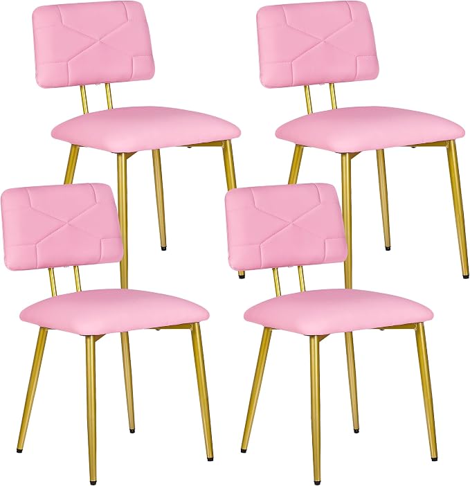 VECELO Dining Chairs Set of 4, Modern Upholstered Kitchen Chairs with Faux Leather Cushion Seat & Metal Legs for Kitchen, Living Room, Tufted Backrest Design, Pink