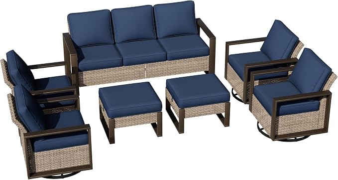 Outdoor Patio Swivel Rocker Chairs, 7 Pieces Wicker Furniture Set, 4 Swivel Rocking Chairs, 1 Sofa and 2 Ottoman, Metal Wide Armrest, Thick Cushions and Deep Seating for Garden, Backyard, Porch, Deck