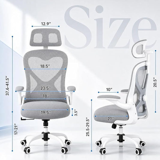 Ergonomic Office Chair for Back & Neck Pain Relief, Virgin Foam Seat, 2D Adjustable Lumbar & 3D Headrest, Tilt & Rock for Relaxation, Ideal for Long Sitting Comfort, Gray/Silver