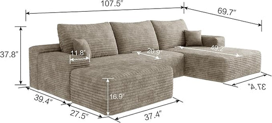 107" U Shaped Cloud Corduroy Couch with Ottoman, Comfy Sectional Boneless Couches for Living Room Bedroom, Deep Seat Sleeper Compression Sofa, No Assembly, Left Facing Chaise, Camel