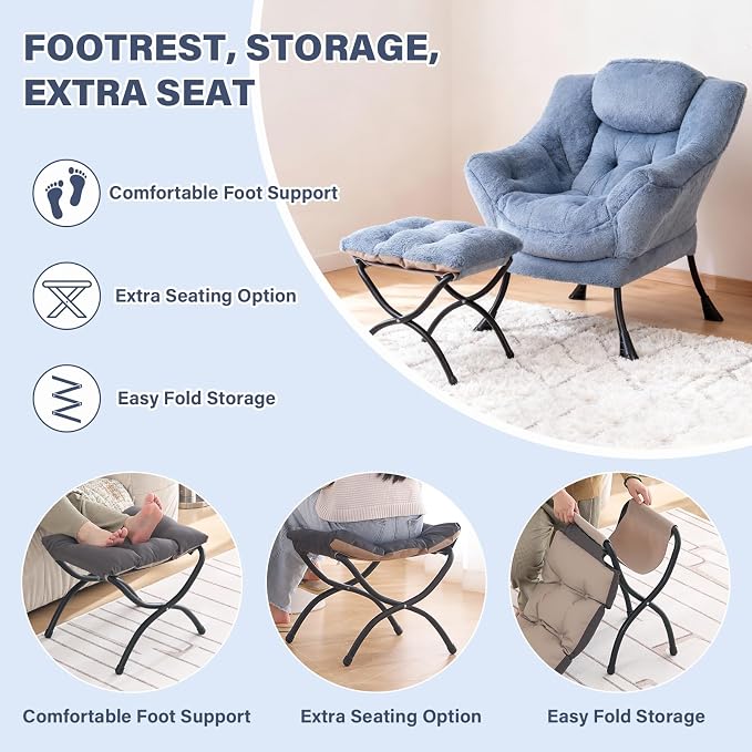 Lazy Chair with Ottoman, Modern Accent Chair Contemporary Lounge Leisure Sofa Chair with Armrests, Reading Chair and Folding Footstool Set for Living Room, Bedroom, Office, Velvet Black