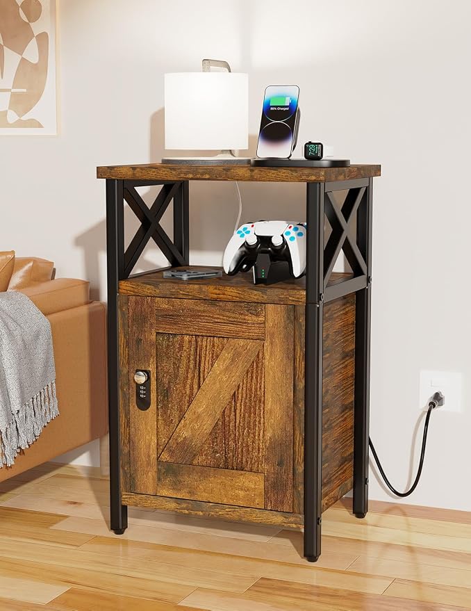 runjuly Wooden Nightstand with Lock, Bedside Table with Drawer, Bed Side Table with Charging Station, 3 USB & 2 Outlets, Night Stand with Storage Cabinet, End Table for Bedroom, Brown