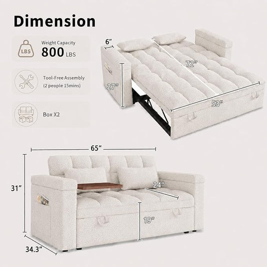 65'' Sleeper Sofa Bed, Pull Out Couch with Side Table | USB Charging Port | Adjustable Backrest | Chenille Fabric, Convertible Loveseat for Living Room, Apartment, Small Spaces (Beige)