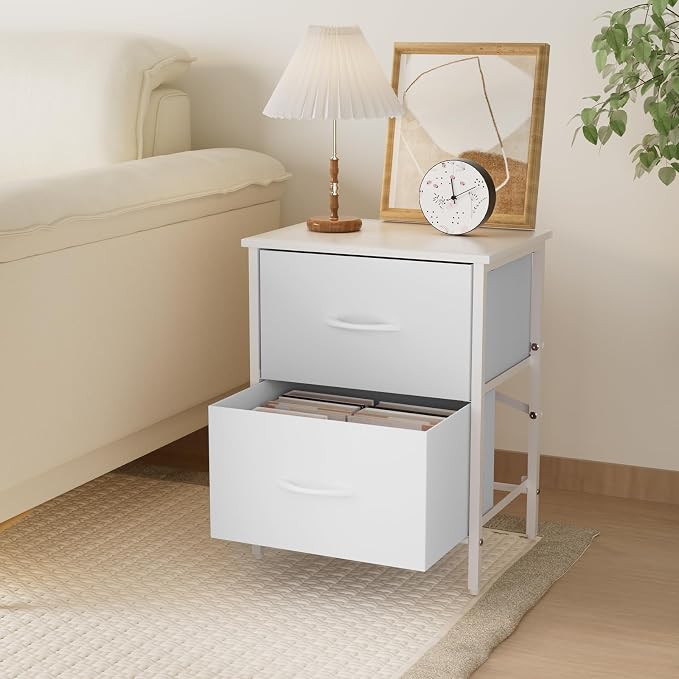 Stero Nightstand Set of 2, Kids Dresser with 2 Drawers, Steel Frame Bedside Furniture, Wood Top Fabric Night Stand, Colorful End Table for Home, Bedroom, Office, White