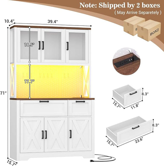 Unikito 71" Tall Pantry Cabinet, Kitchen Pantry Storage Cabinet with Charging Station & LED Lights, Freestanding Microwave Stand Coffee Bar Hutch with Drawers & DIY Pegboard for Dining Room, White