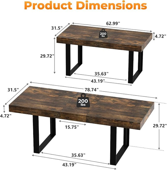 Zevemomo 63"-78.7" Rectangular Extendable Dining Table, 6-8 Extendable Dining Table, Conference Table, Kitchen Table with Slide Track, Tapered U-Shaped Wood Legs for Office, Living Room-Rustic Brown
