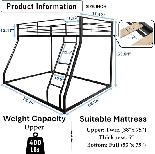 EMKK Low Metal Bunk Beds Twin Over Full Size, Heavy Duty Bunk Bed for Teens Adults with Ladder & High Guardrails, Space Saving Metal Bunk Bed for Dorm, Bedroom, Apartment, No Box Spring Needed