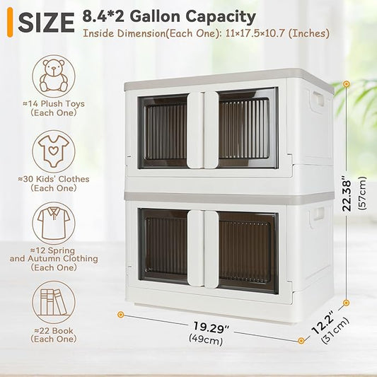 Storage Box, Collapsible Cabinet, 8.4 Gallon (32L) Each One, 2 Packs, Useful Box with Lids, Foldable Drawer, Organizers for Home and Office, Milk White
