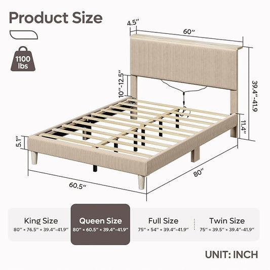 Bestier Queen Bed Frame with Adjustable Headboard & LEDLighting, Corduroy Upholstered Platform Bed Frame withStorage Shelf, Solid Wood Slats, No Box Spring Needed,Never Squeak, Easy Assembly, Taupe