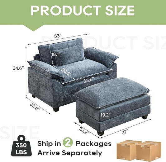 Oprisen 53" Modular Sectional Sofa, Comfy Cloud Couch Sectional Sofa with Ottoman, Chenille Sofa Sleeper Deep Seat Sofa with Throw Pillows for Living Room (Blue)