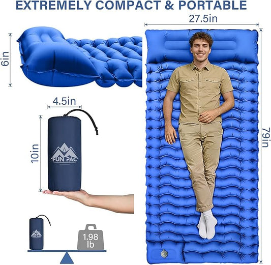 FUN PAC Camping Sleeping Pad with Pillow Built-in Foot Pump Inflatable Sleeping Mat Compact for Camping Backpacking Hiking Traveling - Blue