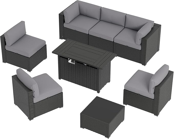 Aoxun 8 Piece Patio Furniture Set with 44” Fire Pit Table, Wicker Rattan Patio Sectional Sofa, Outdoor Furniture Set with Thickened Cushion, Grey