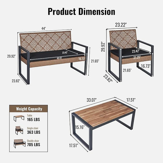 All-Weather 4 Piece Outdoor Rattan Patio Furniture Set (Light Brown) | Acacia Wood Table & Cushions