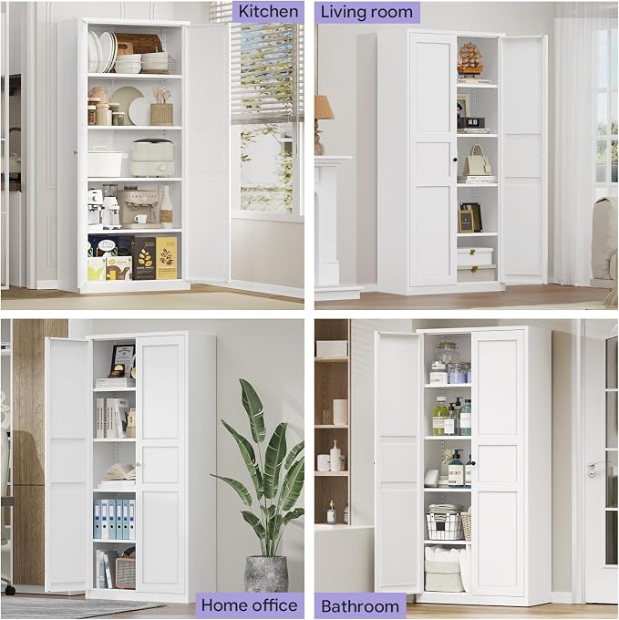 71" Tall Metal Pantry Cabinet,Kitchen Pantry Cabinet with 4 Adjustable Shelves and Magnetic Doors,Cupboard for Kitchen/Dining Room/Bathroom/Home Office(White)