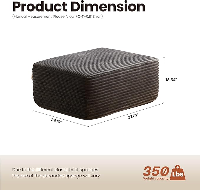 ovios 37" Plush Corduroy Ottoman, Upholstered Cloud Ottoman for Boneless Couch in a Box, Modular Sectional Couches for Living Room Bedroom, Compressed Memory Foam, No Assembly Require, Grey