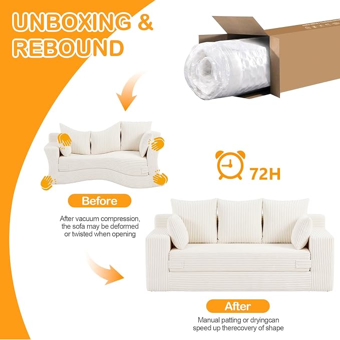 Oversize Loveseat Boneless Convertible Sofa Bed, Folding Floor Futon Sleeper Sofa Queen Size Couch Bed- Boneless Foldable Couch, Corduroy Pull Out Sofa Bed with 5 Pillows for Living Room & Bedroom