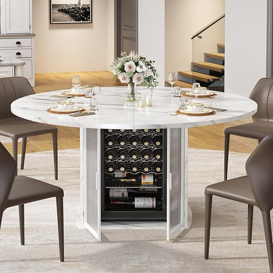 IBF 47" Round Dining Table with Storage, White Faux Marble Kitchen Tables for 4-6 People, Modern Dining Room Table with Fridge Space, Wood Circle Dinner Tables for Home, White Marble, Only Table