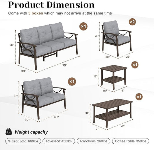 FansaFurn 6-Pieces Outdoor Patio Furniture Set, Outdoor Metal Sectional Furniture with Cushions, Outdoor Conversation Seating Set with Coffee Table for Garden, Balcony, Deck, Backyard, Grey