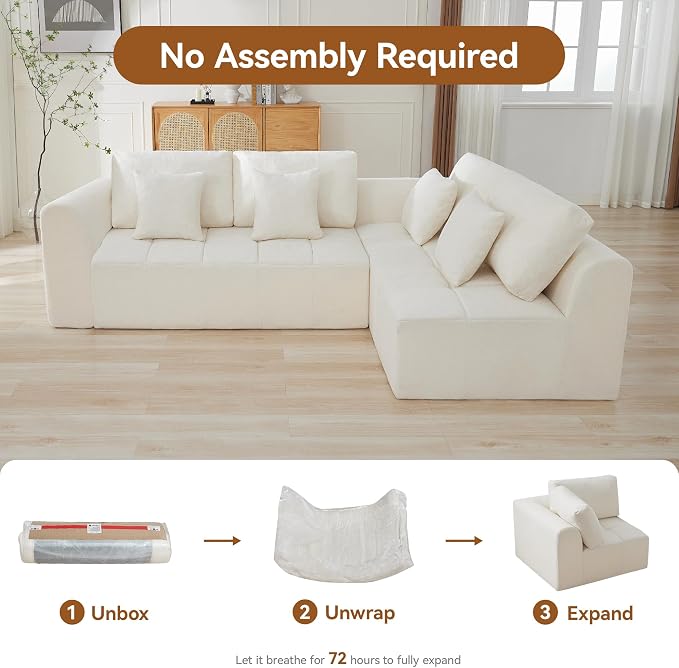 110''Modular Sectional Couches for Living Room, Cloud Boneless Compressed Sofa Right Facing Chaise, Oversized L Shaped 4 Seater Memory Foam Sofa, No Assembly, Chenille Beige