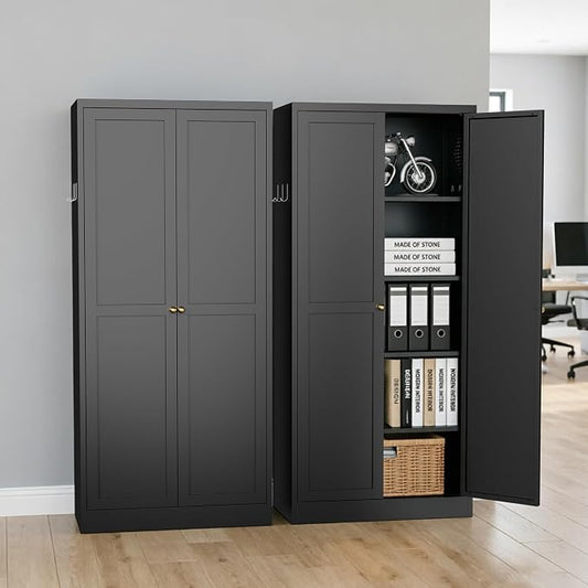 Metal Pantry Cabinet, 61" Kitchen Pantry Storage Cabinets with 2 Door and 4 Adjustable Shelves, Utility Metal Storage Cabinet for Home, Living Room, Pantry (Black)
