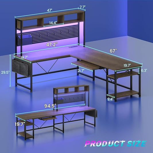 SEDETA L Shaped Desk, 94.5 Inch Office Desk with Power Outlet & Pegboard, L Shaped Desk with Led Light, Keyboard Tray, Storage Shelves and Headphone Hook for Home Office, Walnut Brown