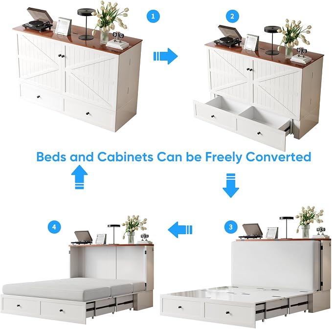 PUREMIND Murphy Bed Full with Mattress Included, Farmhouse Frame Cabinet Beds Chest with Charging Station & Storage Drawers, Convertible Hideaway Cabinet Bed for Guest Room, White