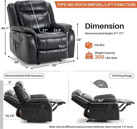 Massage Recliner Chair with Heat, Faux Leather Recliner Chairs for Adults, 39" Wide Manual Reclining Ergonomic Lounge Chair, Overstuffed Wall Hugger Recliners for Living Room, Black