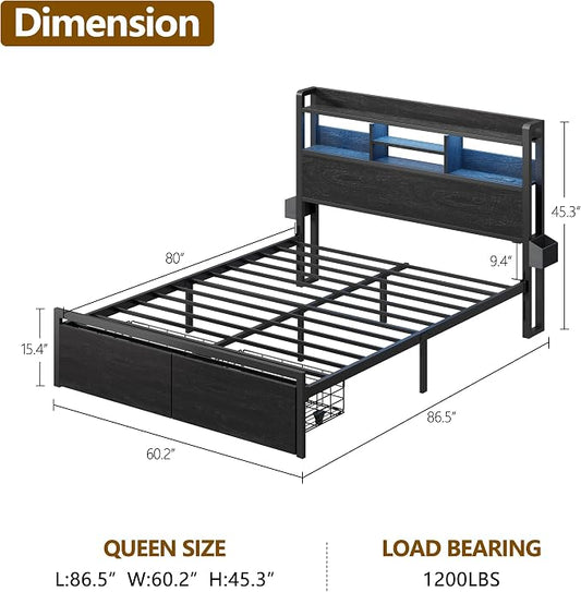 Furnulem Queen Bed Frame with Wood Headboard and Storage Shelf, Metal Platform Bed Frame Queen Size with Storage Drawers, LED Lights and Charging Station, No Box Spring Needed, Noise Free, Black