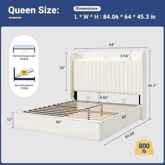 Allewie Queen Size Lift Up Storage Bed Frame,Storage Shelf Headboard with Charging Station,Type-C and USB Ports,Hydraulic Support,Velvet Upholstered Bed Frame,No Box Spring Needed,Cream
