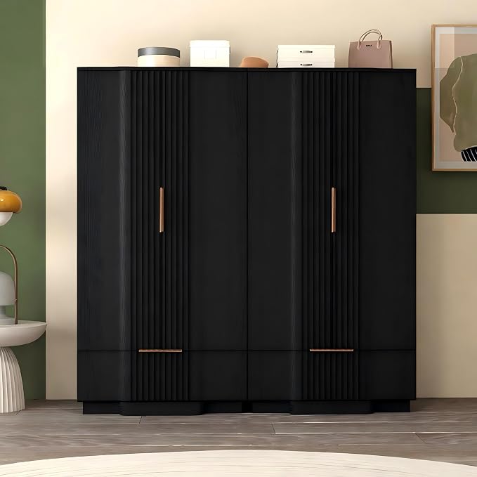 Brafab 67" Fluted Armoire Wardrobe Closet with Drawers and Doors, Wooden Wardrobe Cabinet with Adjustable Shelves, Modern Storage for Clothes, Coats for Bedroom,Black (1 pcs)